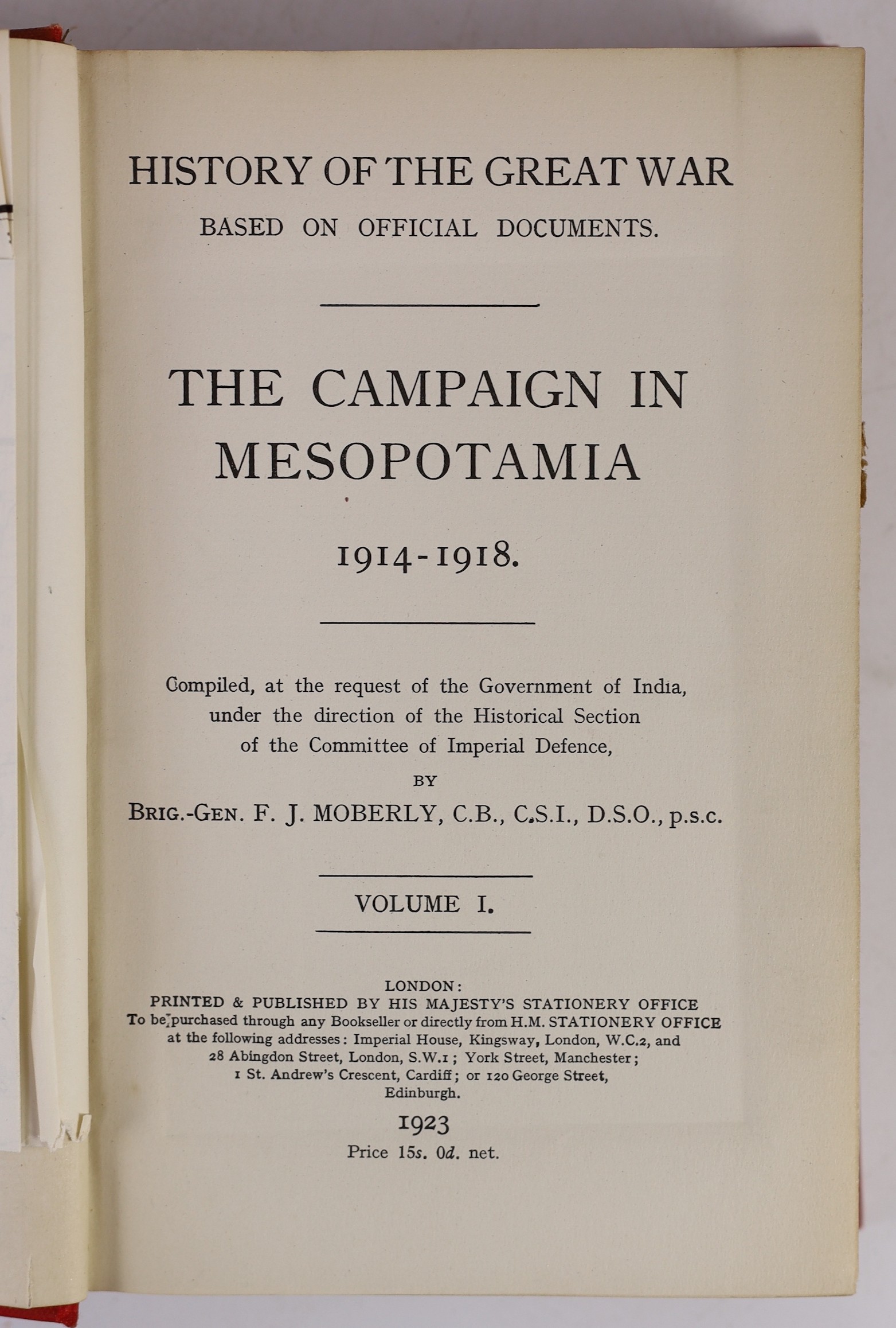 Moberly, Frederick James (Brig.-Gen.) - The Campaign in Mesopotamia, 1914-18, 4 vols, 8vo, original red cloth gilt, with 39 maps in pockets at rear, HMSO, London, 1923-27